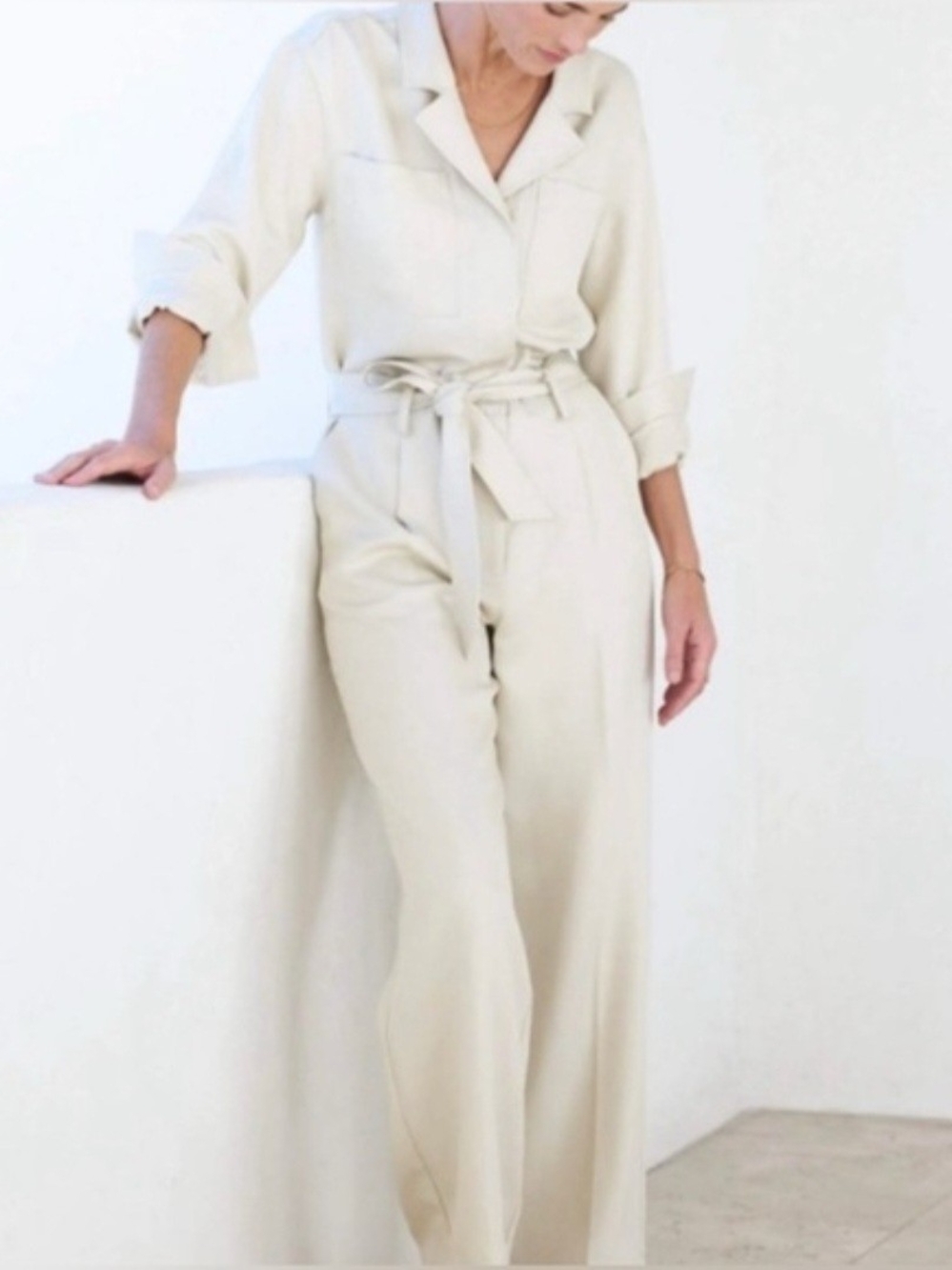 AYR Cream Belted Wide-Leg Jumpsuit